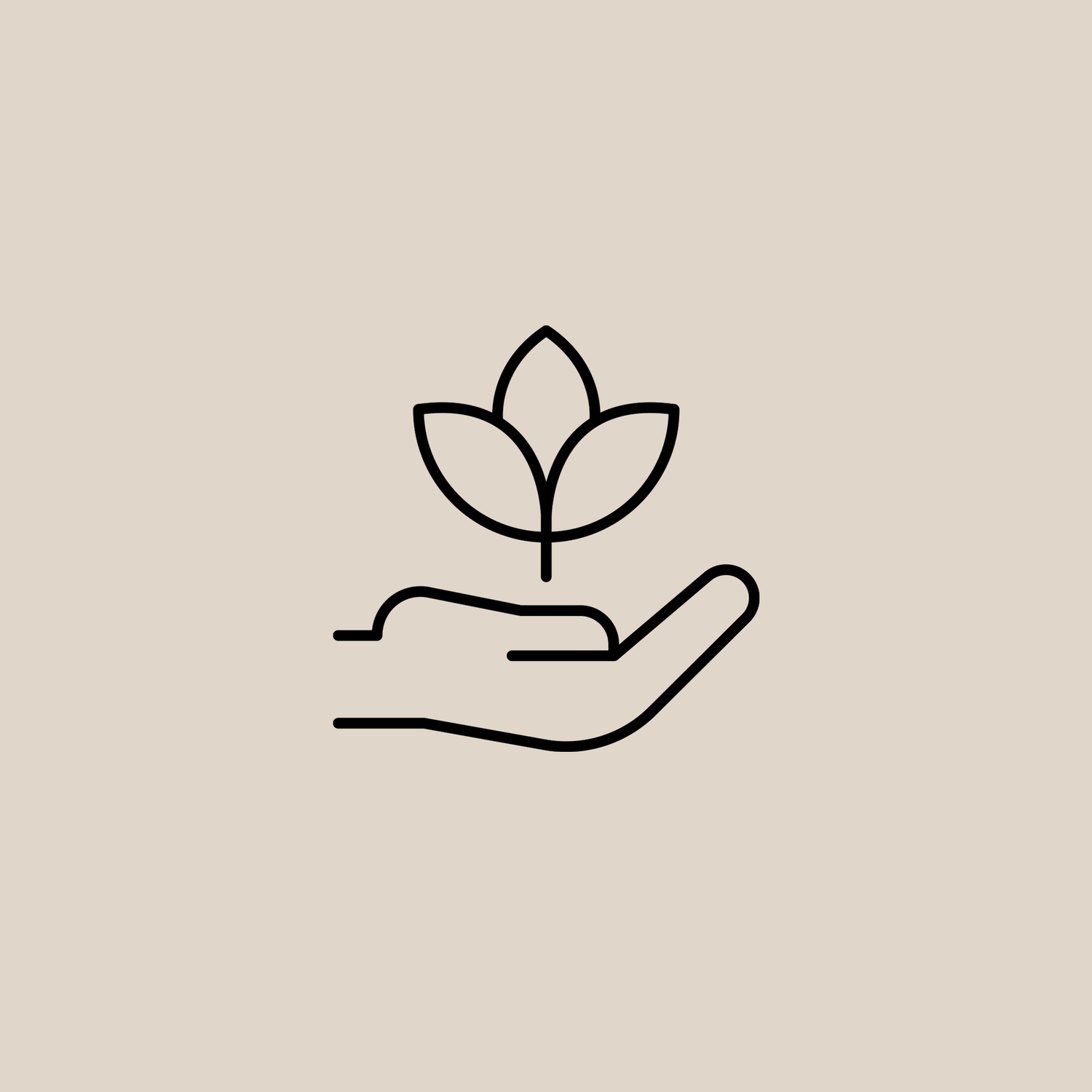 Zwart icoontje van een hand met een plantje op een beige achtergrond.