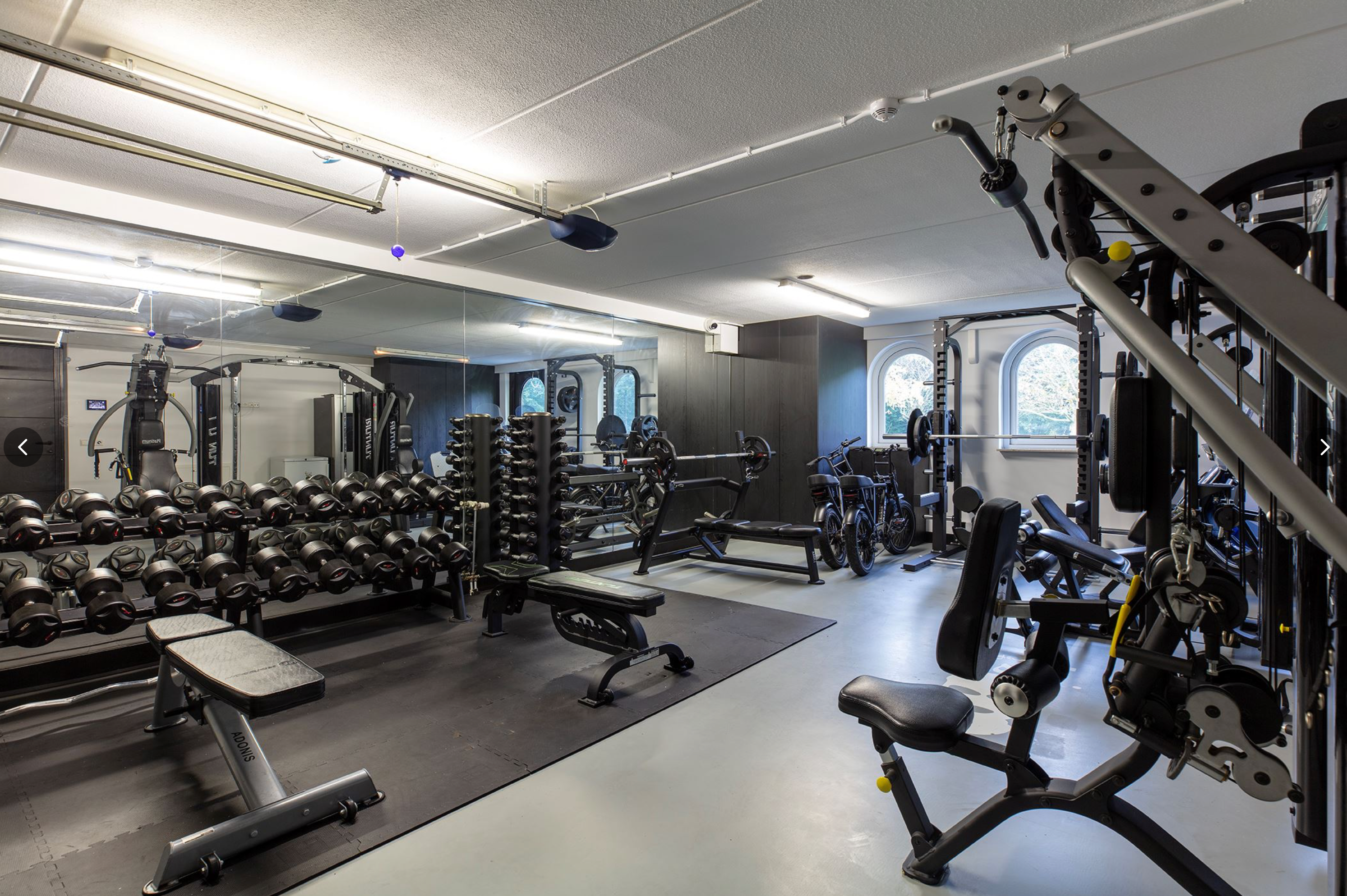 Professionele fitnessruimte met spiegels, dumbbells en verschillende krachttrainingsapparaten op een gietvloer.