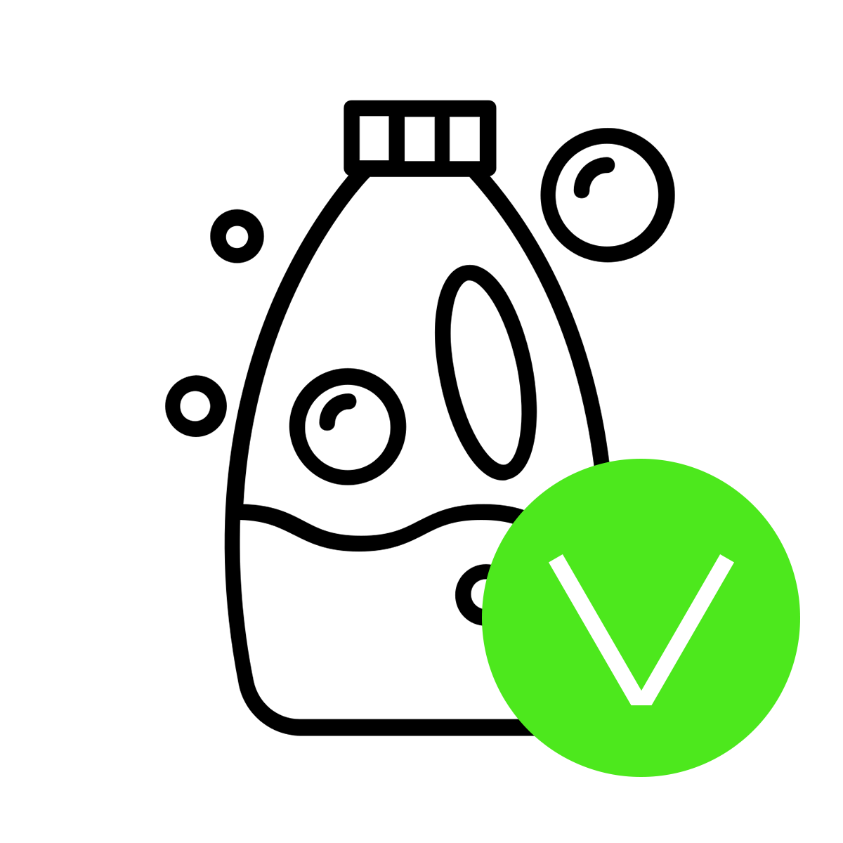 Icoon van een fles allesreiniger met schuim en een groene vink.