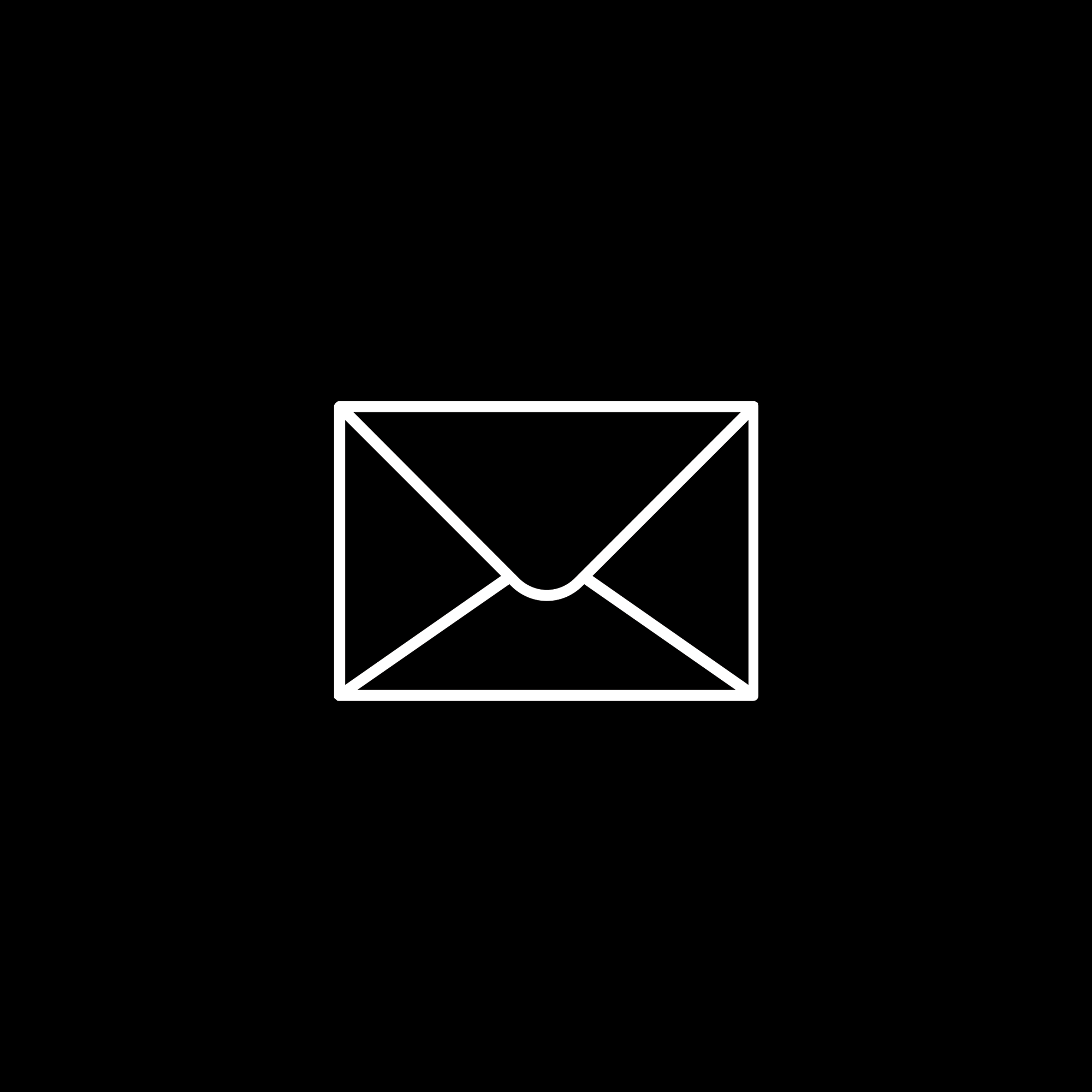Wit mail icoontje op een zwarte achtergrond.
