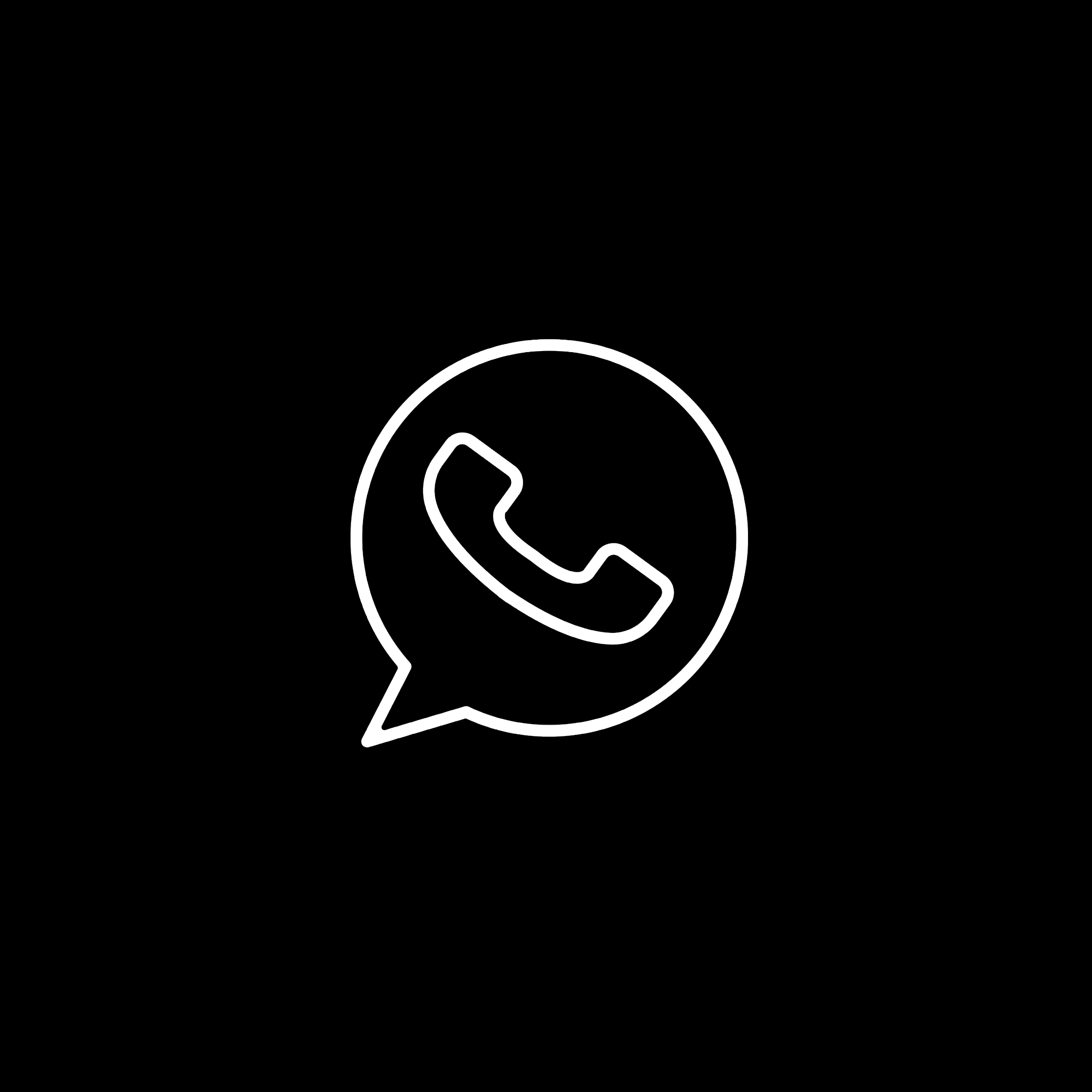 Wit Whatsapp icoontje op een zwarte achtergrond.